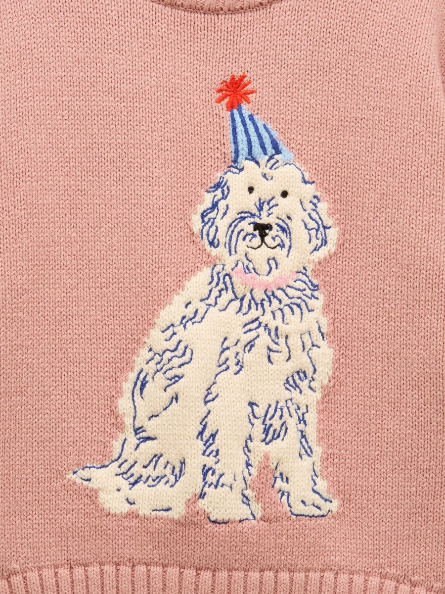 Girls' Intarsia Pink Party Dog Knitted Jumper - RUTHERFORD & Co