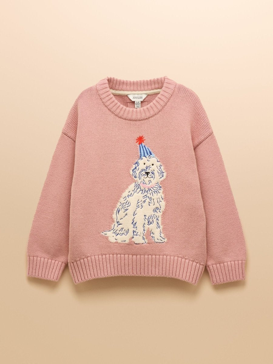 Girls' Intarsia Pink Party Dog Knitted Jumper - RUTHERFORD & Co