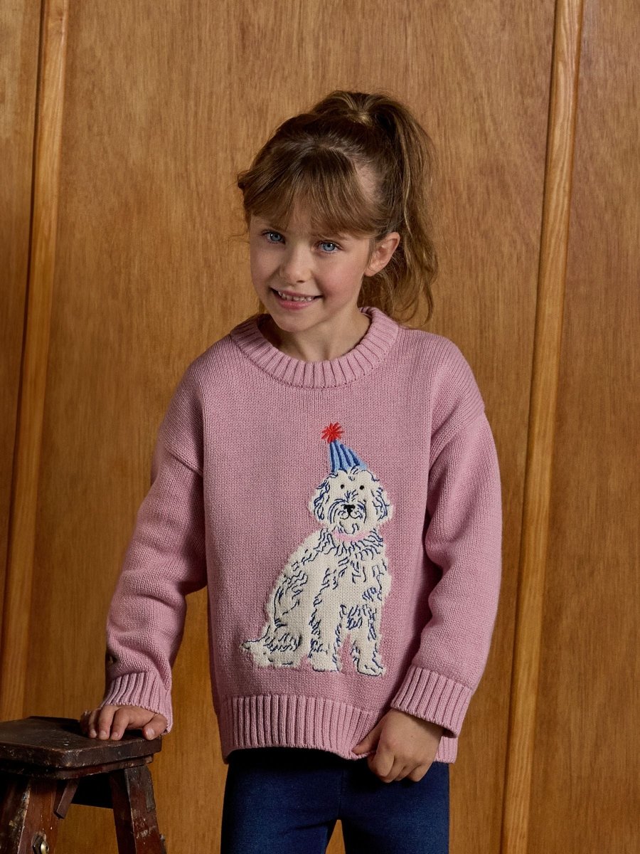 Girls' Intarsia Pink Party Dog Knitted Jumper - RUTHERFORD & Co