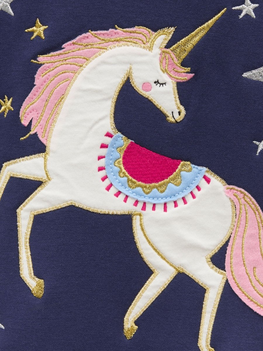 Girls' Mackenzie Navy Horse Embroidered Artwork Sweatshirt With Faux Faur Lining - RUTHERFORD & Co