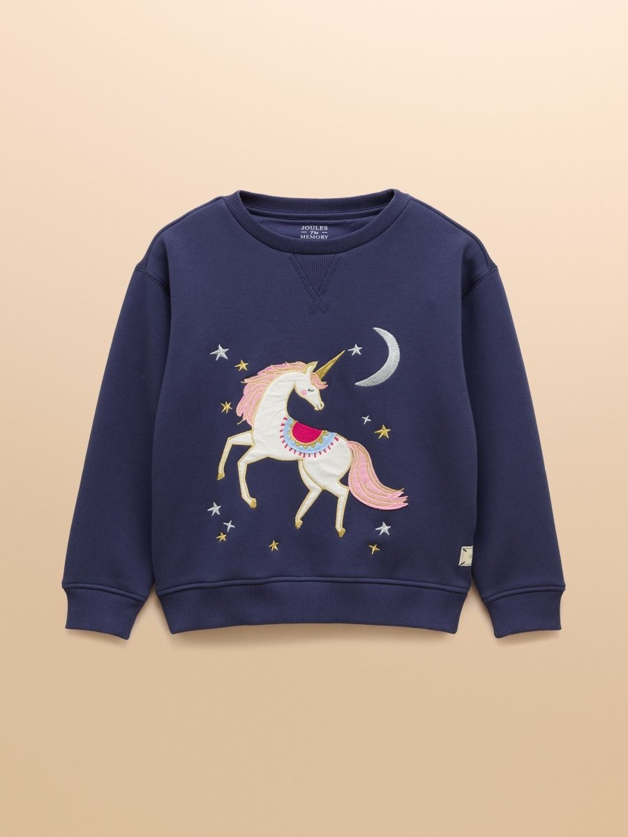 Girls' Mackenzie Navy Horse Embroidered Artwork Sweatshirt With Faux Faur Lining - RUTHERFORD & Co