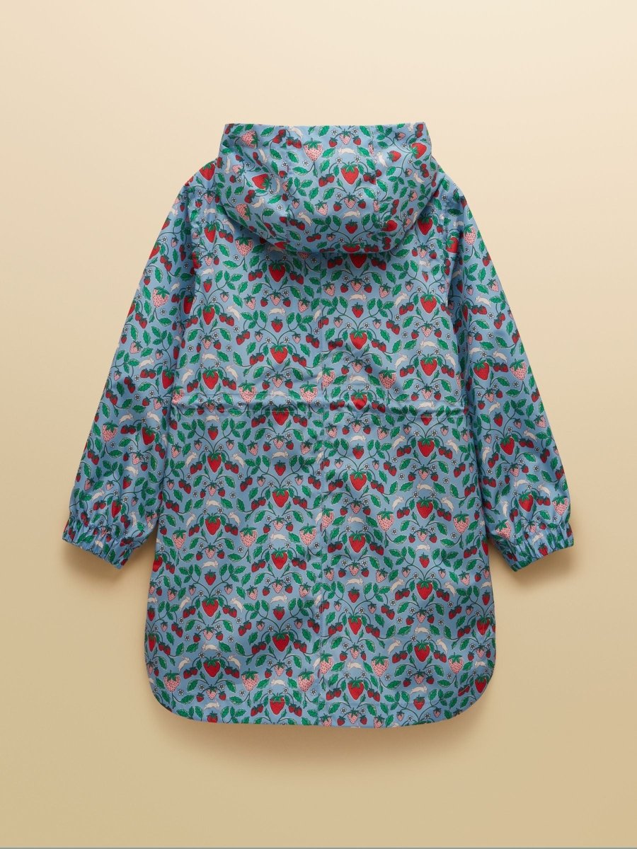 Girls' Rainford Blue Strawberry Waterproof Packable Raincoat With Hood - RUTHERFORD & Co
