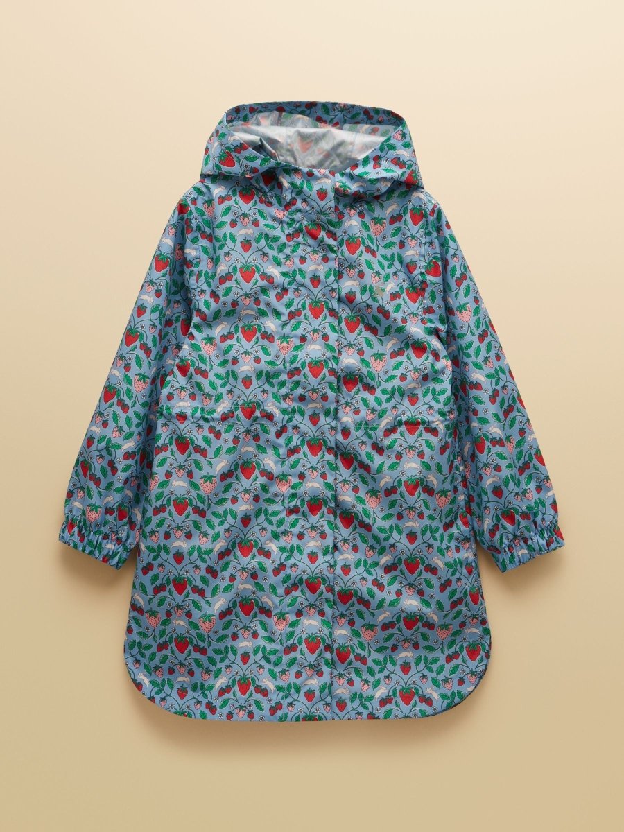 Girls' Rainford Blue Strawberry Waterproof Packable Raincoat With Hood - RUTHERFORD & Co