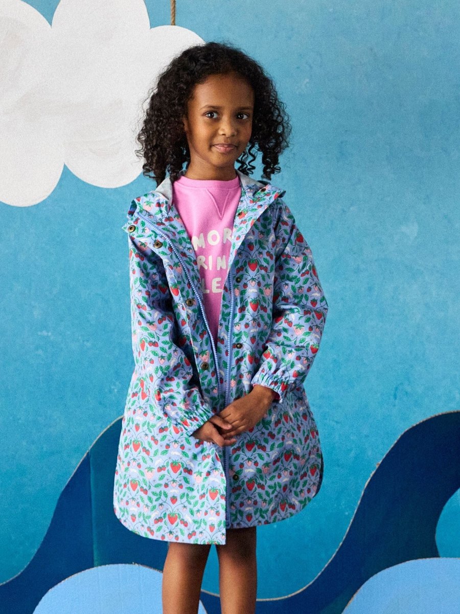 Girls' Rainford Blue Strawberry Waterproof Packable Raincoat With Hood - RUTHERFORD & Co
