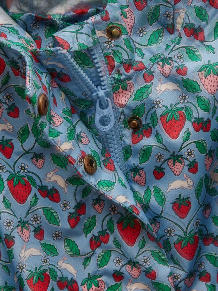 Girls' Rainford Blue Strawberry Waterproof Packable Raincoat With Hood - RUTHERFORD & Co