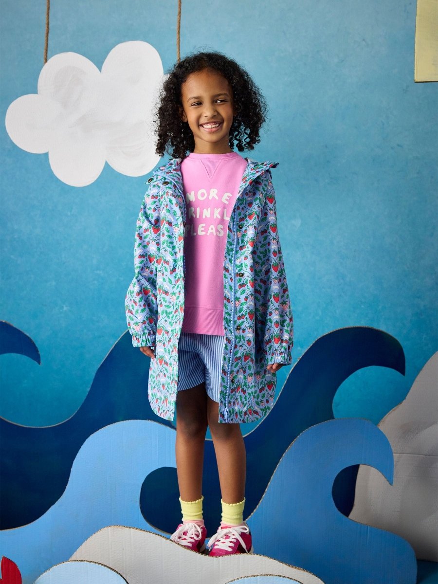 Girls' Rainford Blue Strawberry Waterproof Packable Raincoat With Hood - RUTHERFORD & Co