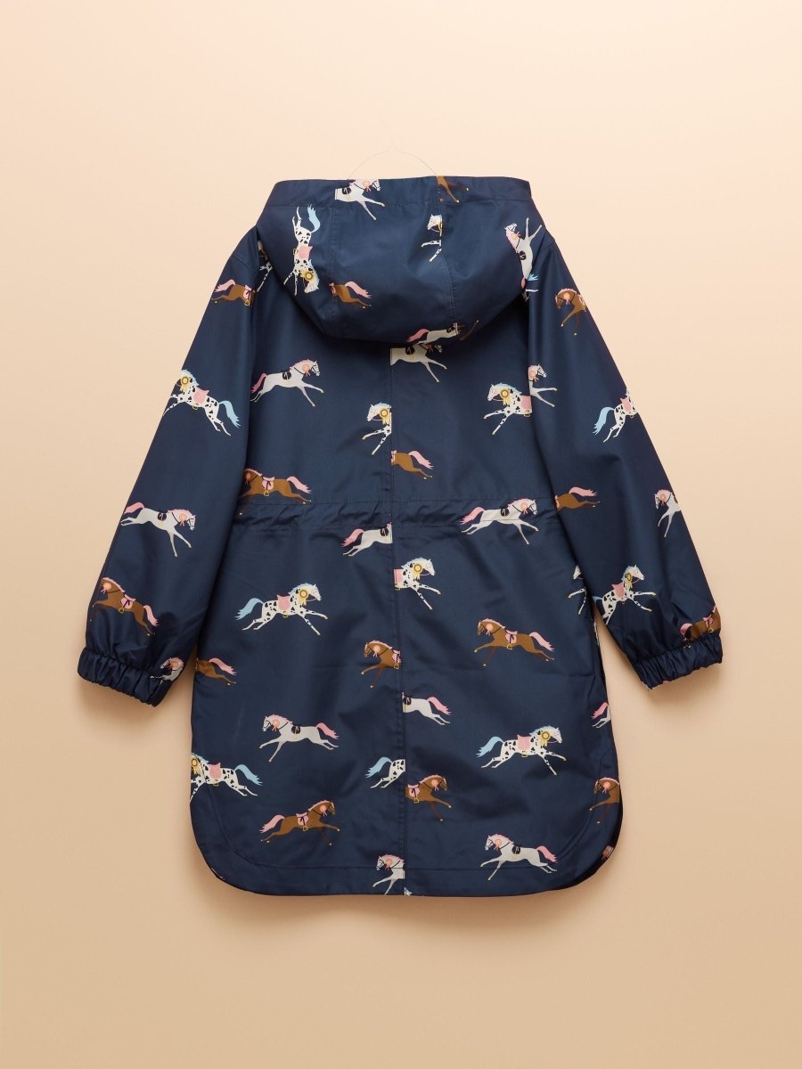 Girls' Rainford Navy Horse Waterproof Packable Raincoat - RUTHERFORD & Co