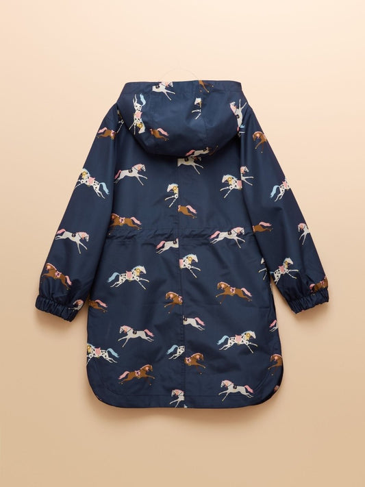 Girls' Rainford Navy Horse Waterproof Packable Raincoat - RUTHERFORD & Co
