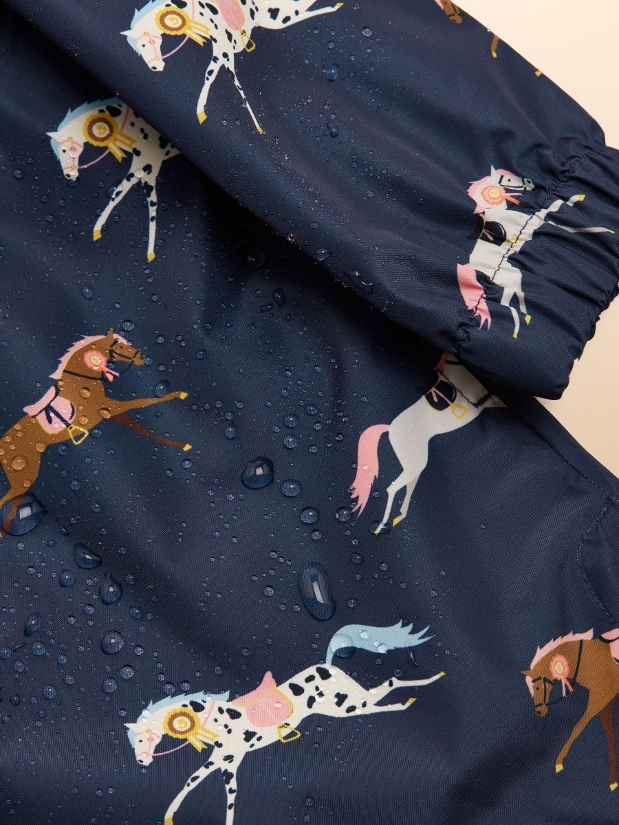 Girls' Rainford Navy Horse Waterproof Packable Raincoat - RUTHERFORD & Co