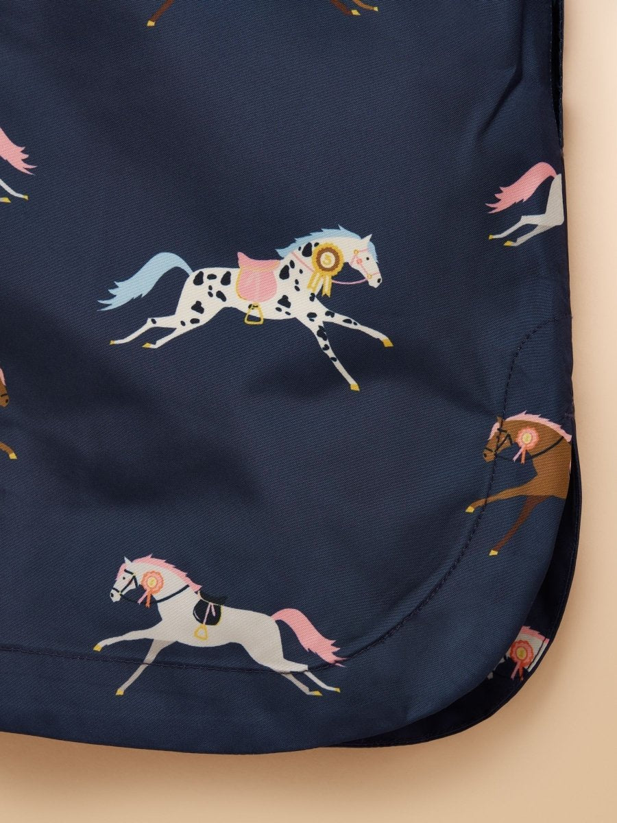 Girls' Rainford Navy Horse Waterproof Packable Raincoat - RUTHERFORD & Co