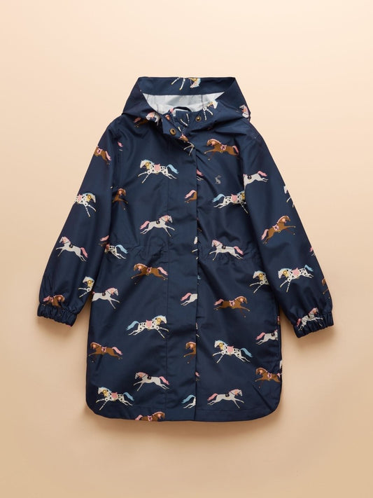 Girls' Rainford Navy Horse Waterproof Packable Raincoat - RUTHERFORD & Co