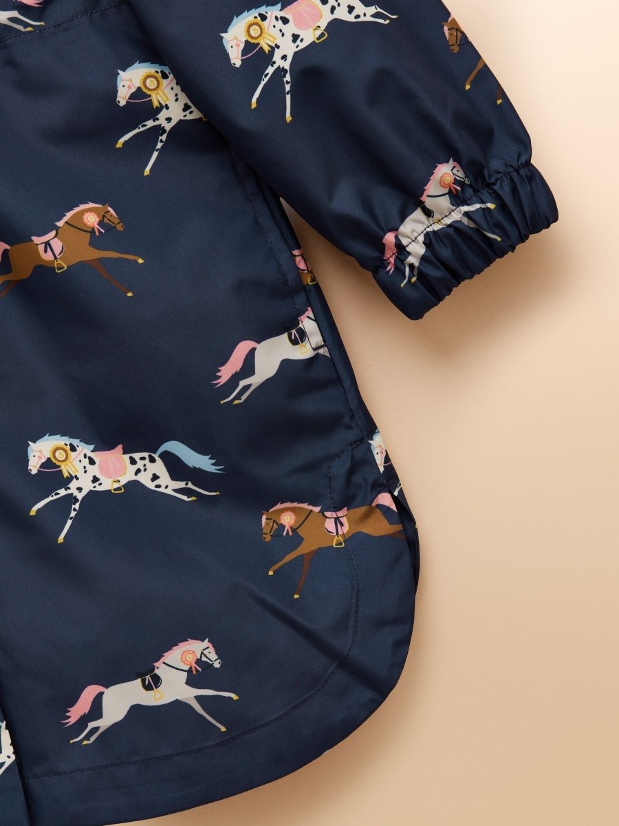Girls' Rainford Navy Horse Waterproof Packable Raincoat - RUTHERFORD & Co