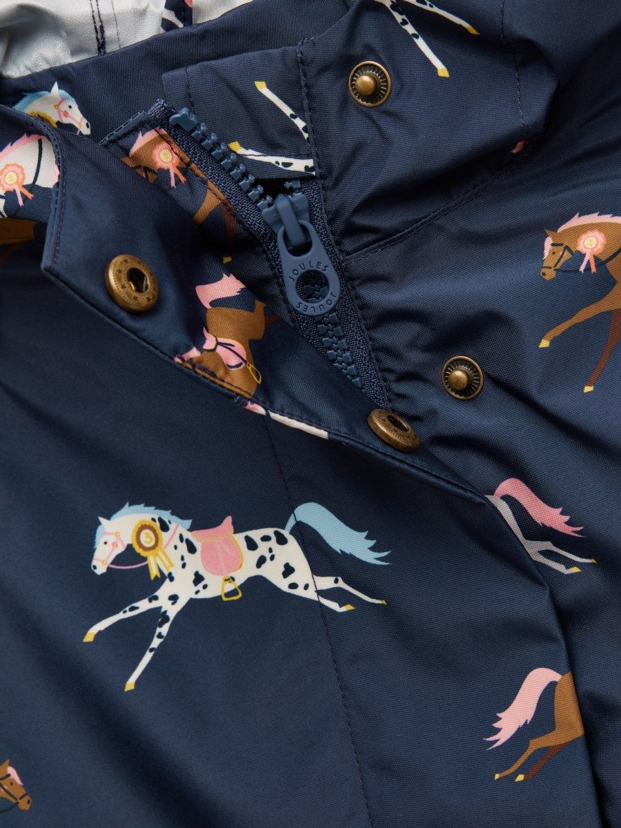Girls' Rainford Navy Horse Waterproof Packable Raincoat - RUTHERFORD & Co