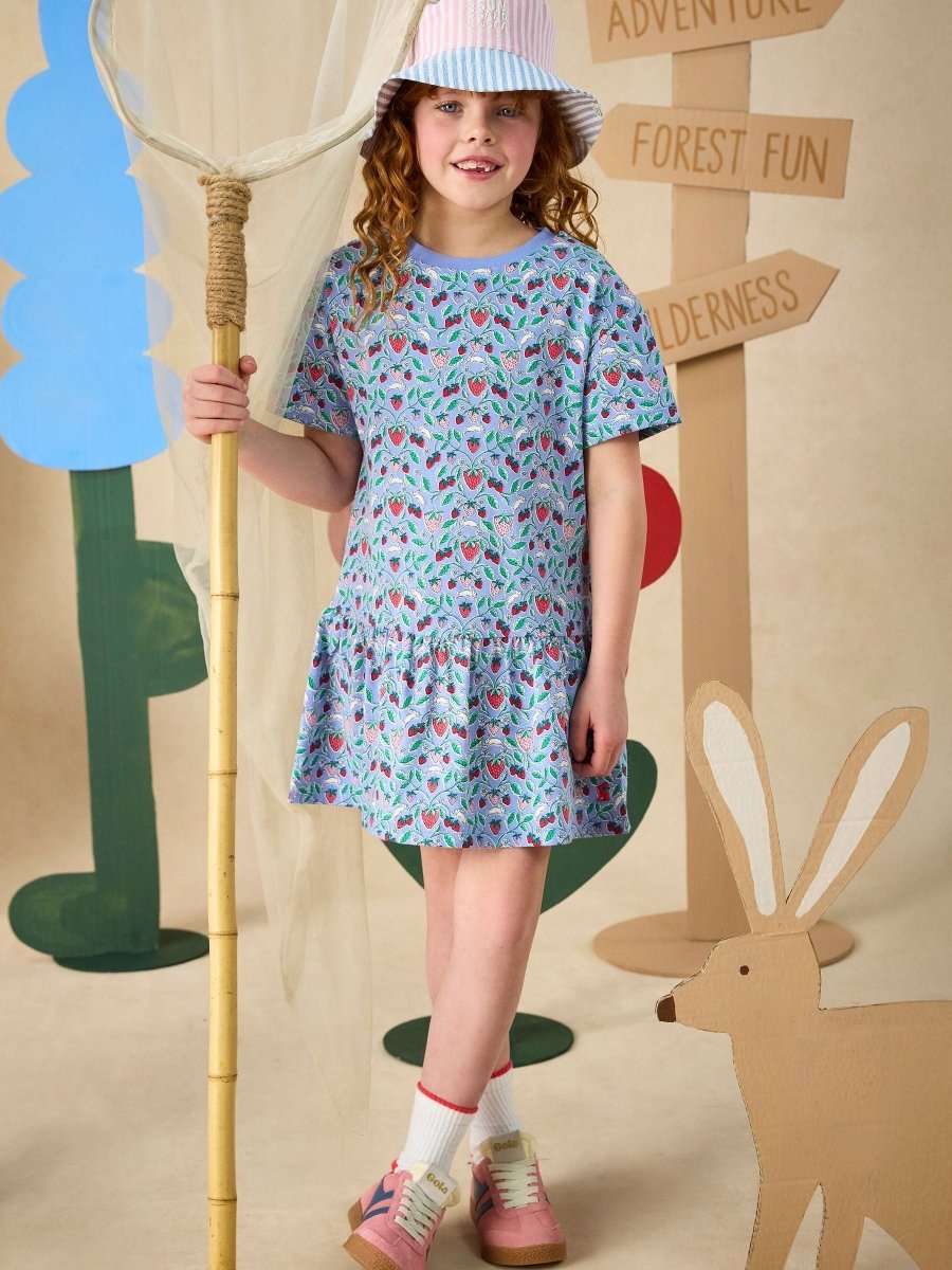 Girls' Sienna Blue Strawberry Short Sleeve Frill Jersey Dress - RUTHERFORD & Co