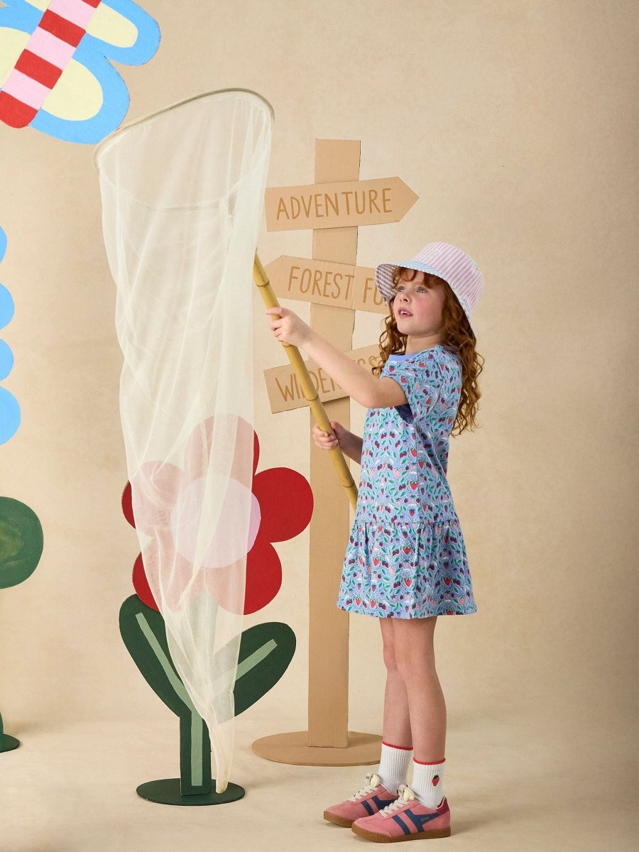 Girls' Sienna Blue Strawberry Short Sleeve Frill Jersey Dress - RUTHERFORD & Co