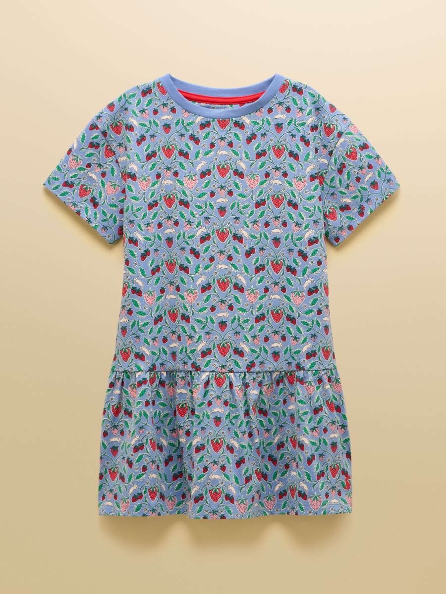 Girls' Sienna Blue Strawberry Short Sleeve Frill Jersey Dress - RUTHERFORD & Co