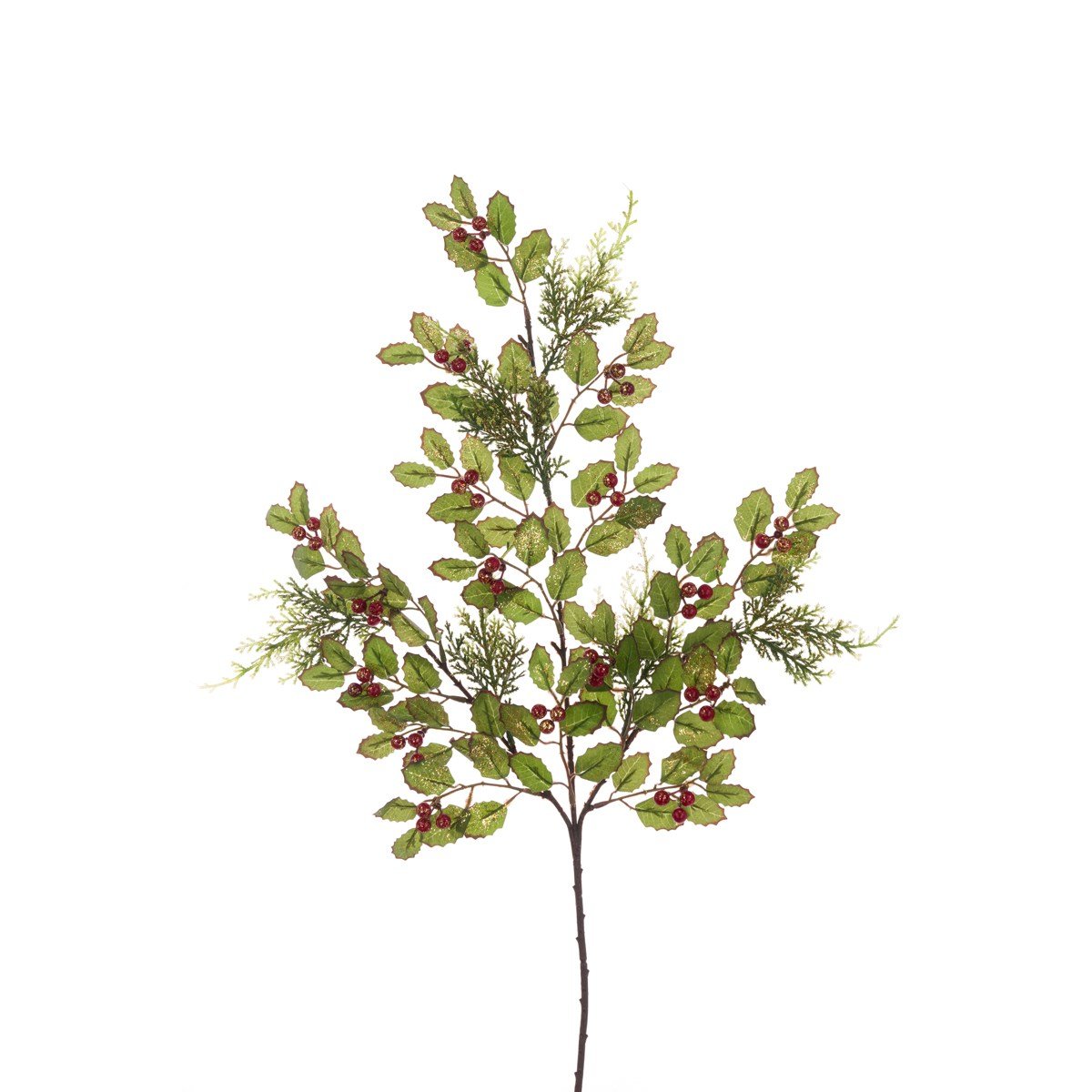 Gold Glitter Holly Spray with Red Berries - RUTHERFORD & Co