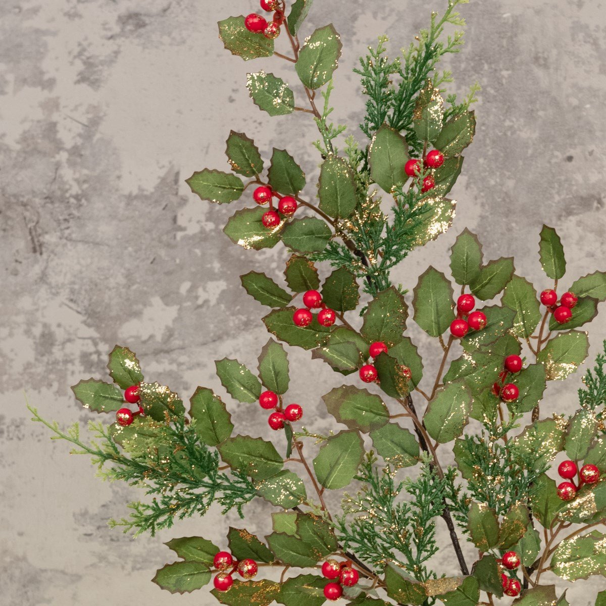 Gold Glitter Holly Spray with Red Berries - RUTHERFORD & Co