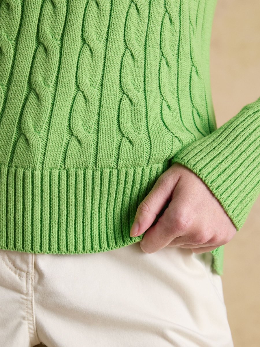 Green Classic Crew Neck Cotton Cable Knit Jumper - RUTHERFORD & Co