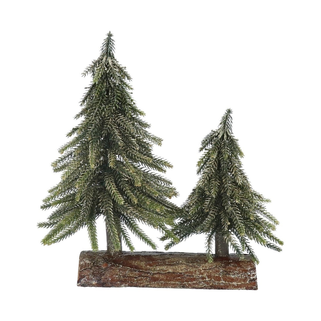 Green Fir Double Tree on Log w Gold Glitter Orn - RUTHERFORD & Co