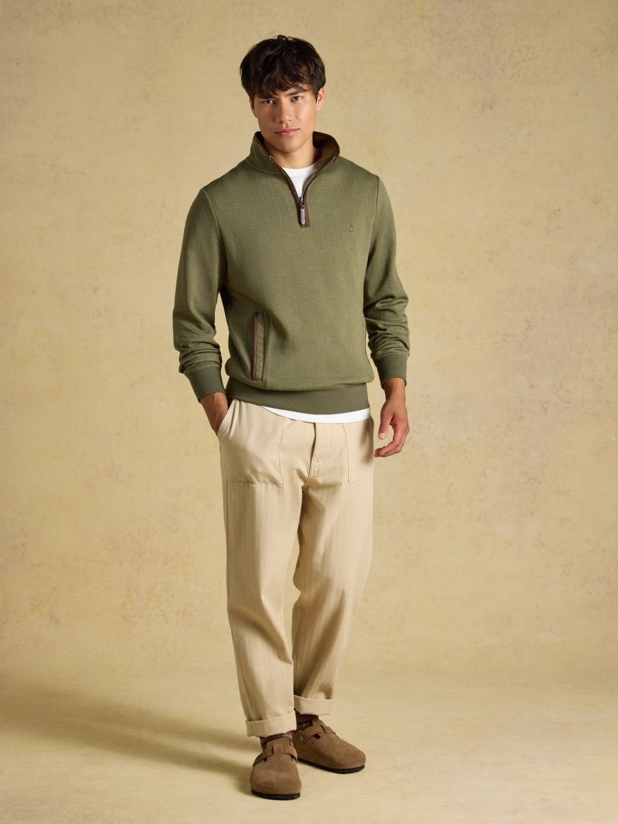 Green Herringbone Quarter Zip Sweatshirt - RUTHERFORD & Co