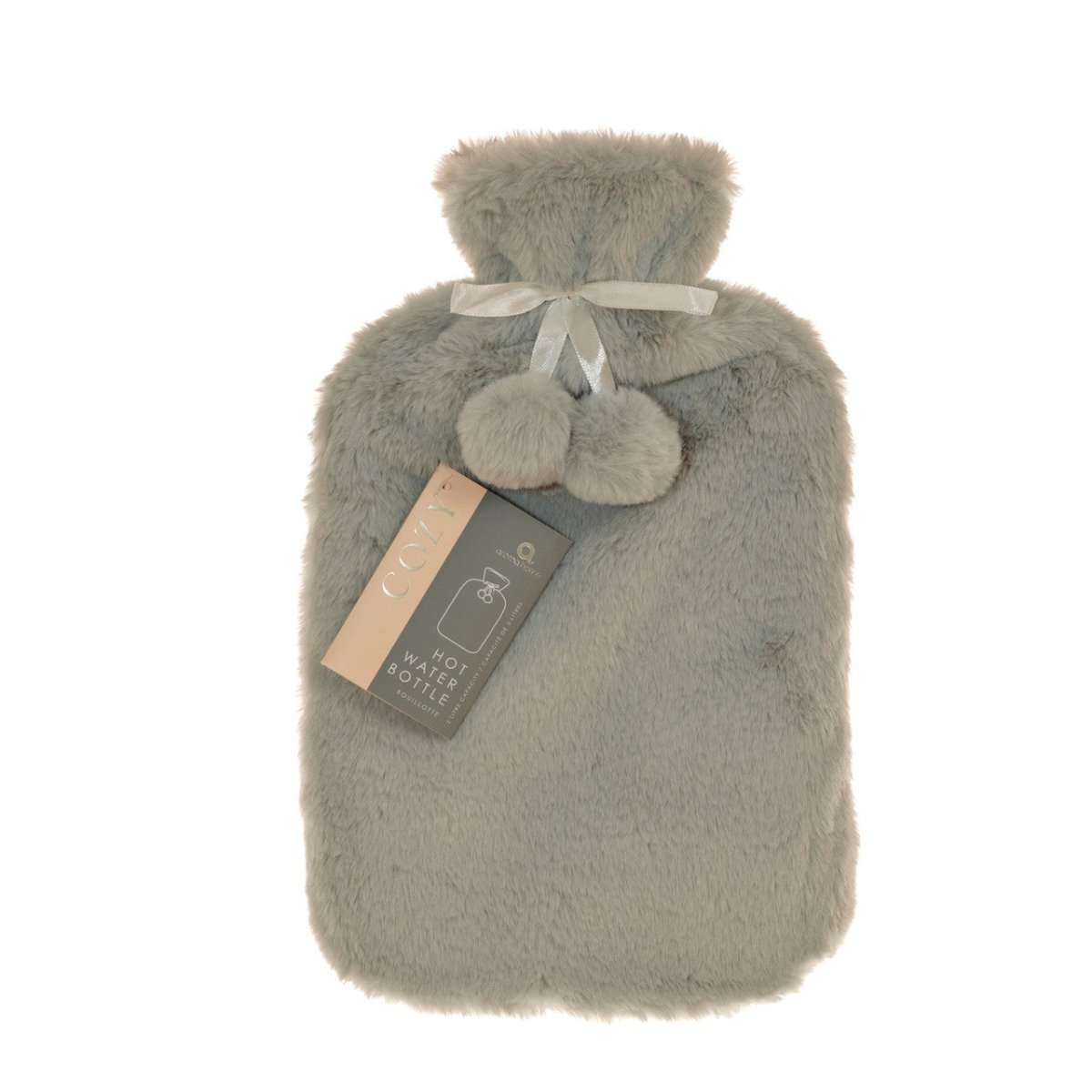 Grey Faux Fur Pompom 2L Hot Water Bottle - RUTHERFORD & Co