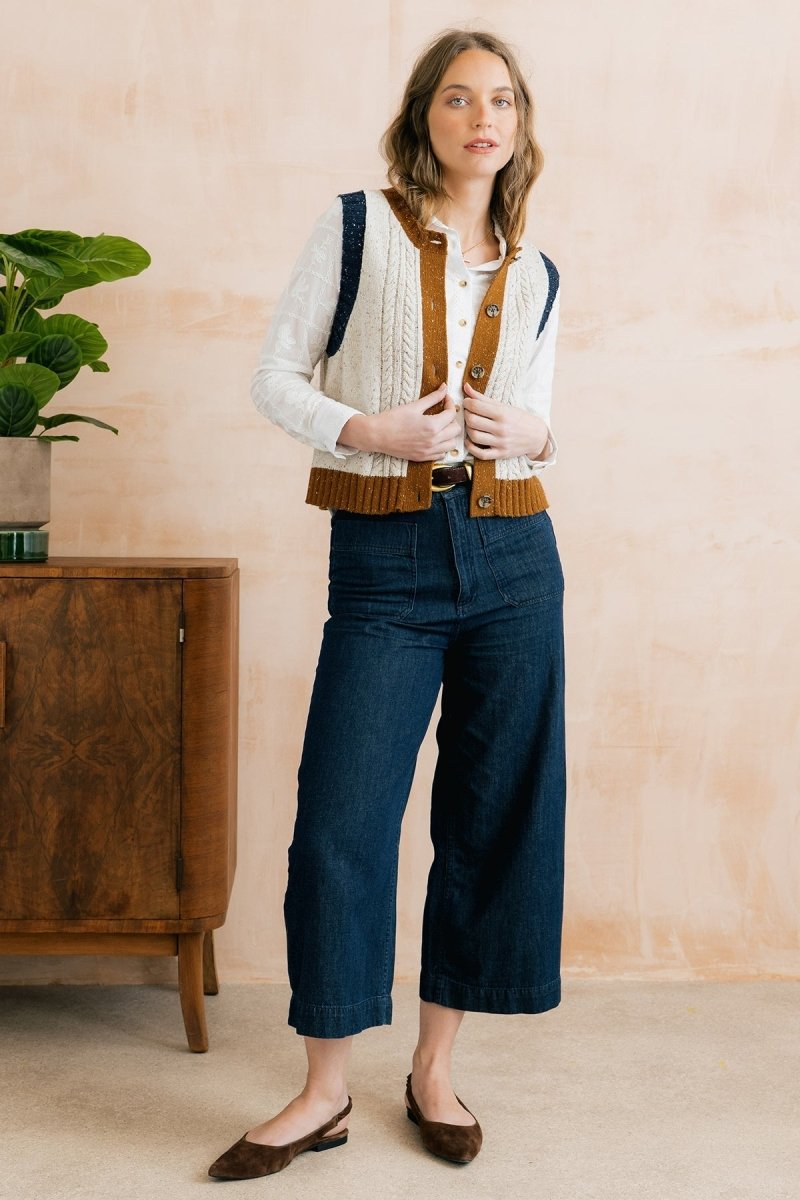 Grove Colour Block Knitted Waistcoat Ecru - RUTHERFORD & Co