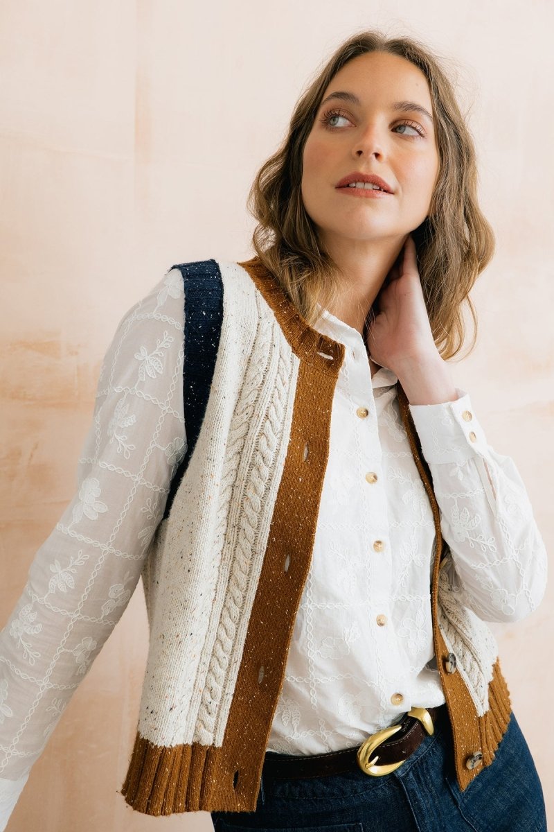 Grove Colour Block Knitted Waistcoat Ecru - RUTHERFORD & Co