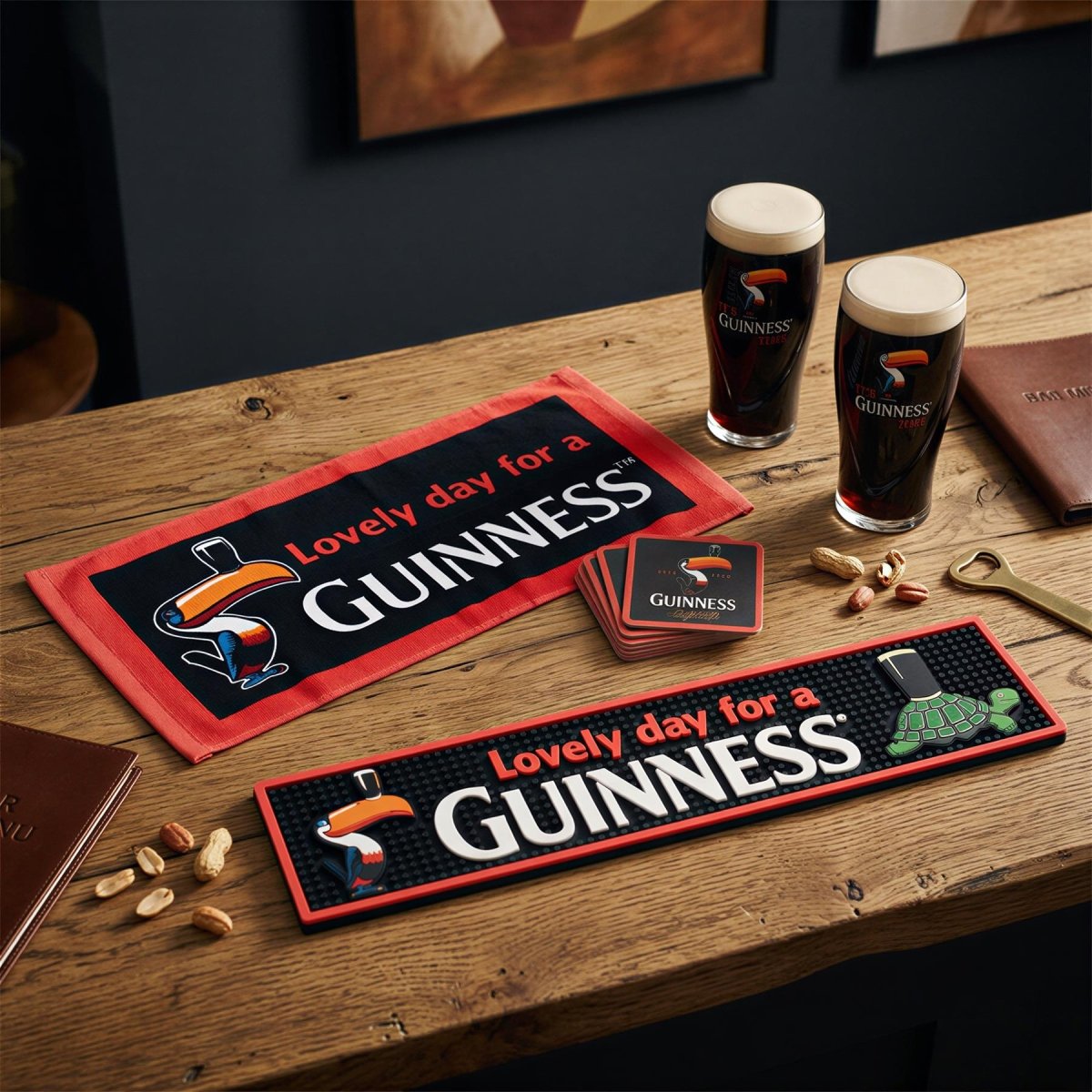 Guinness Toucan Bar Towel & Coasters Set - 23 x 48cm - Black/Red - RUTHERFORD & Co