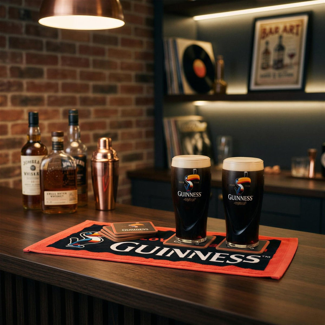 Guinness Toucan Bar Towel & Coasters Set - 23 x 48cm - Black/Red - RUTHERFORD & Co