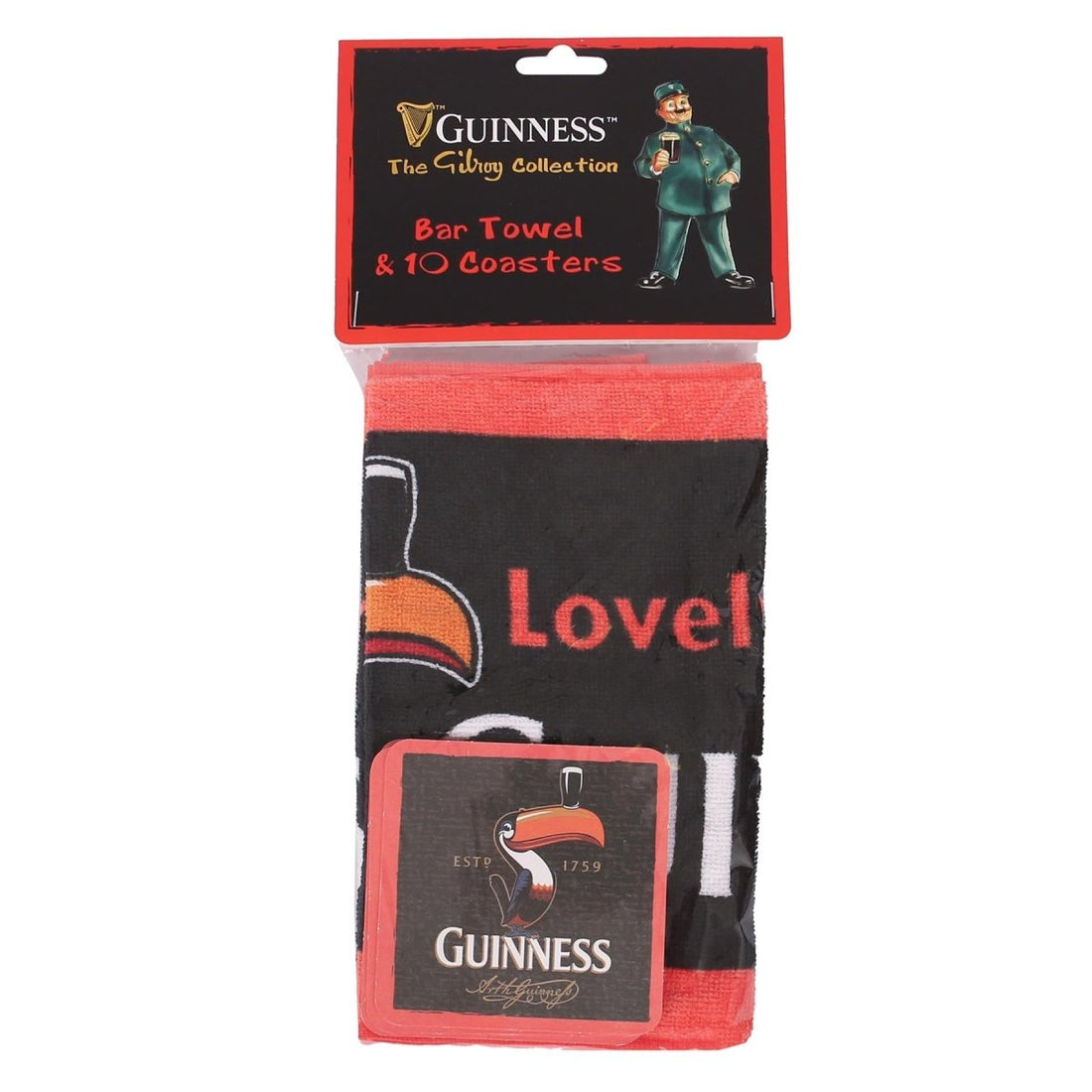 Guinness Toucan Bar Towel & Coasters Set - 23 x 48cm - Black/Red - RUTHERFORD & Co