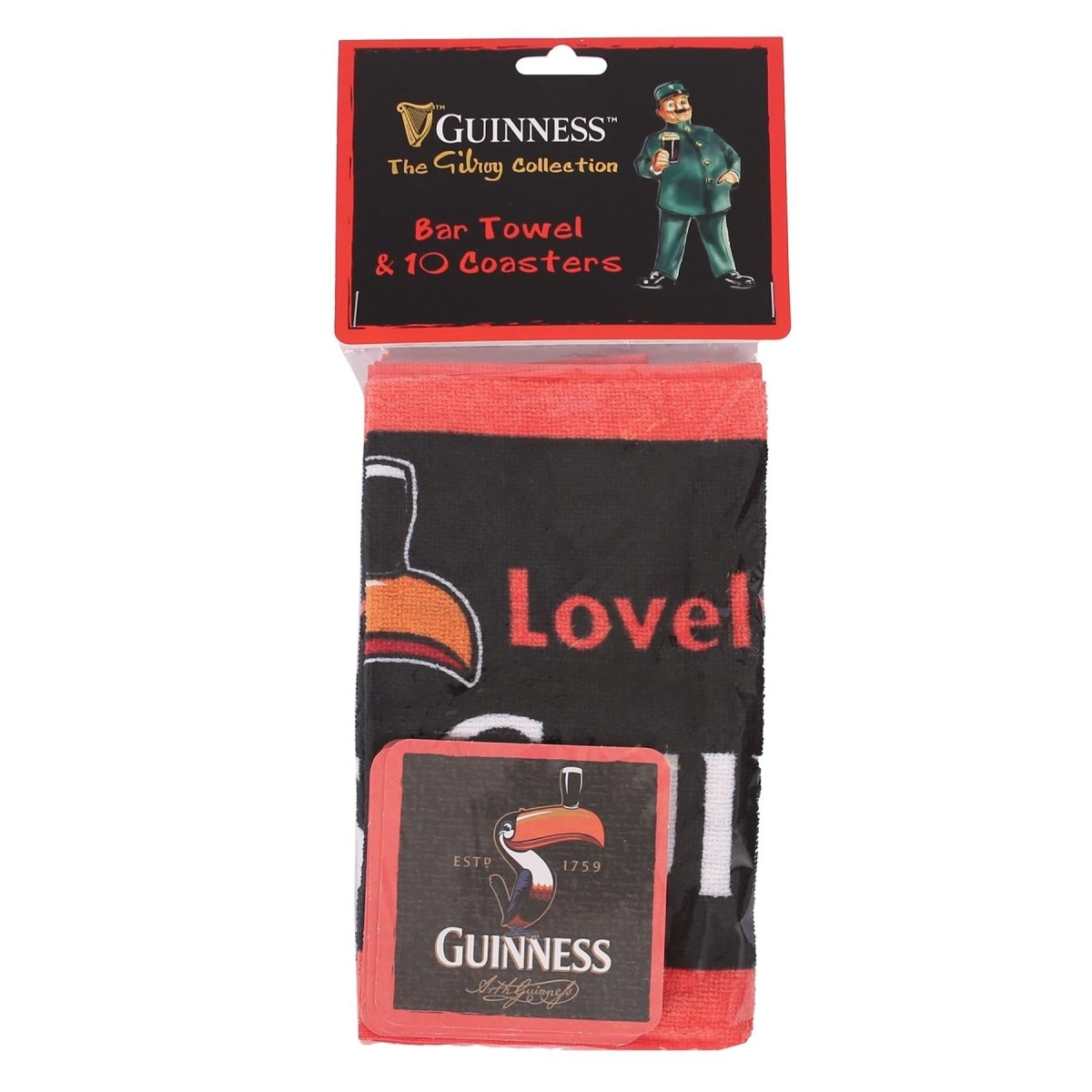 Guinness Toucan Bar Towel & Coasters Set - 23 x 48cm - Black/Red - RUTHERFORD & Co