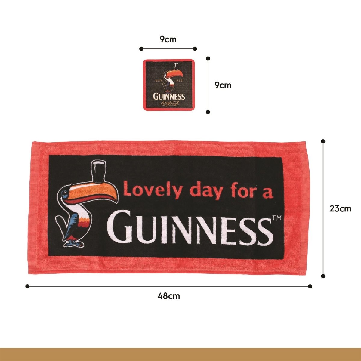 Guinness Toucan Bar Towel & Coasters Set - 23 x 48cm - Black/Red - RUTHERFORD & Co