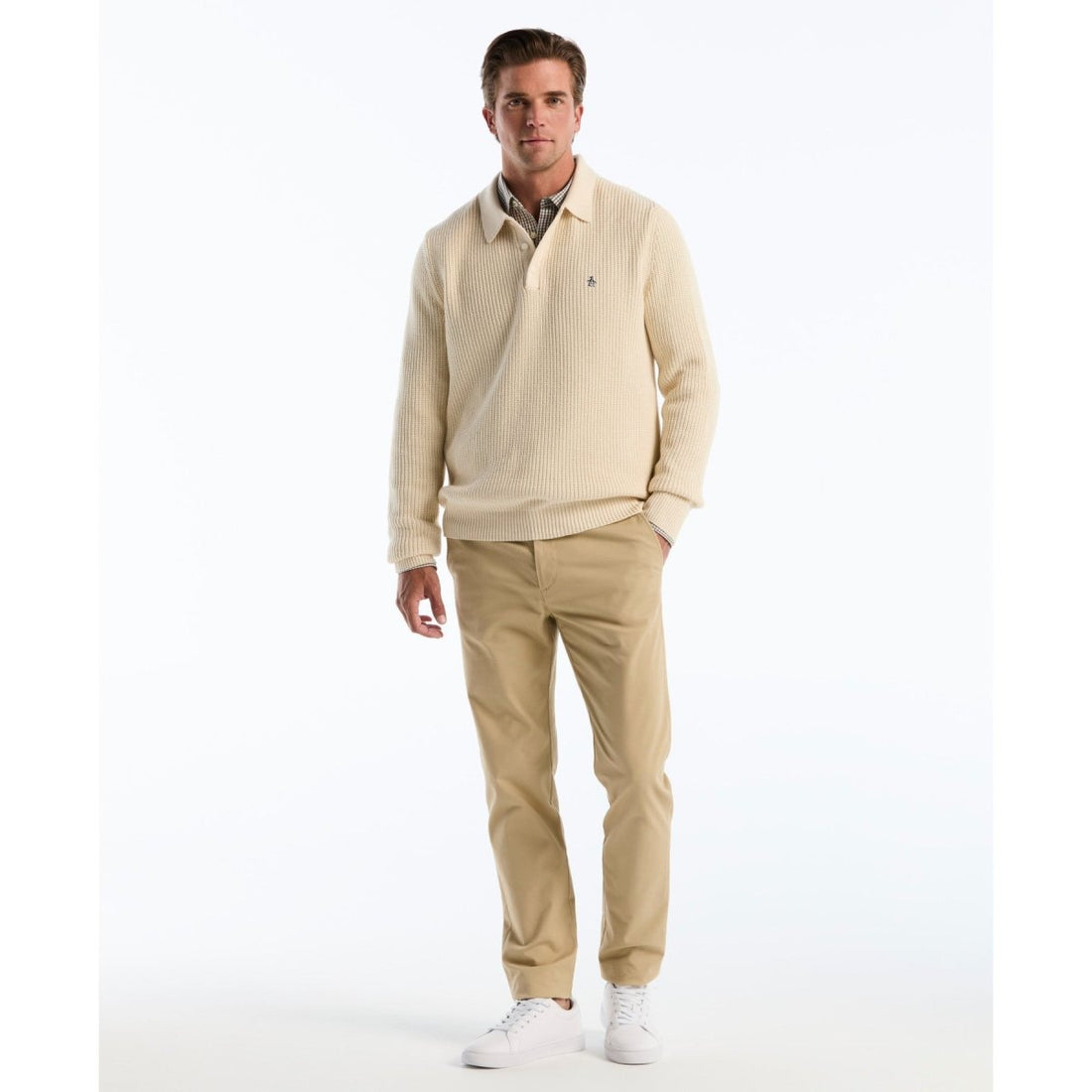 Half Cardigan Long Sleeve Sweater Polo In Birch - RUTHERFORD & Co