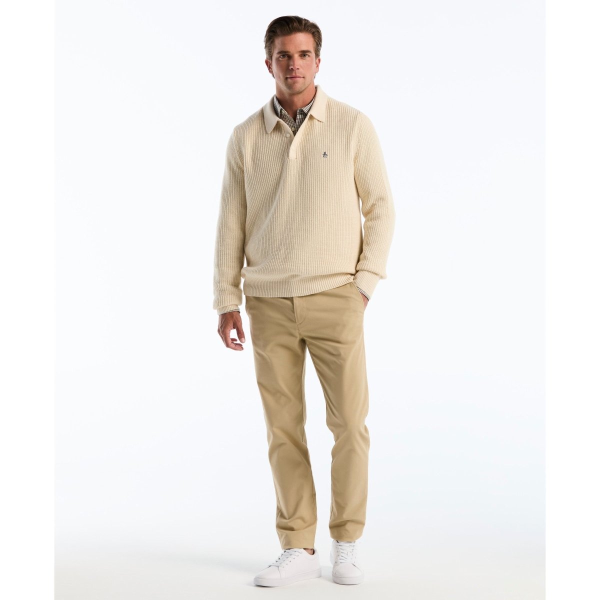 Half Cardigan Long Sleeve Sweater Polo In Birch - RUTHERFORD & Co