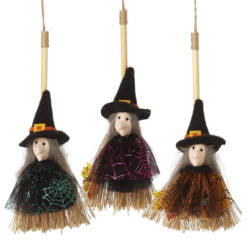 Hanging Witch With Broom In Dress - RUTHERFORD & Co
