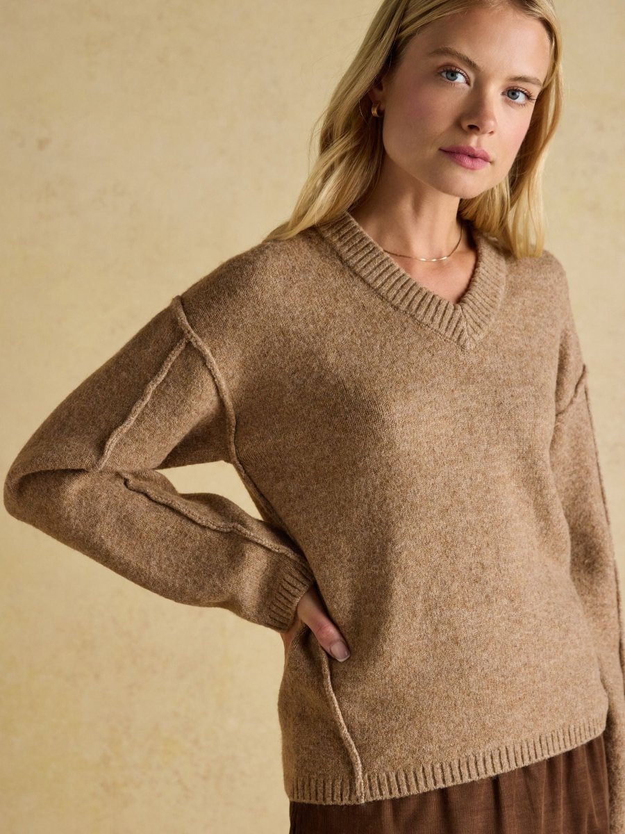 Hannah Tan Brown V - Neck Relaxed Fit Jumper - RUTHERFORD & Co