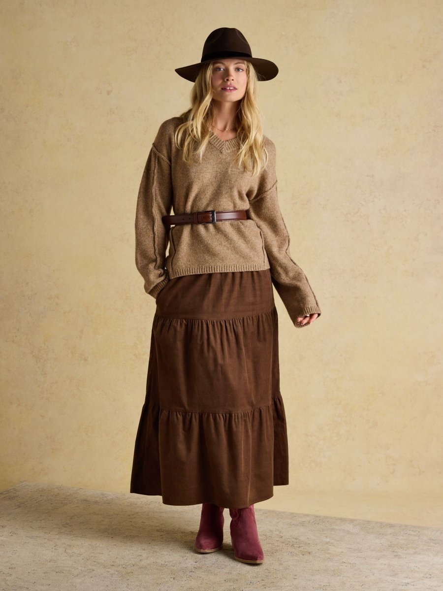 Hannah Tan Brown V - Neck Relaxed Fit Jumper - RUTHERFORD & Co