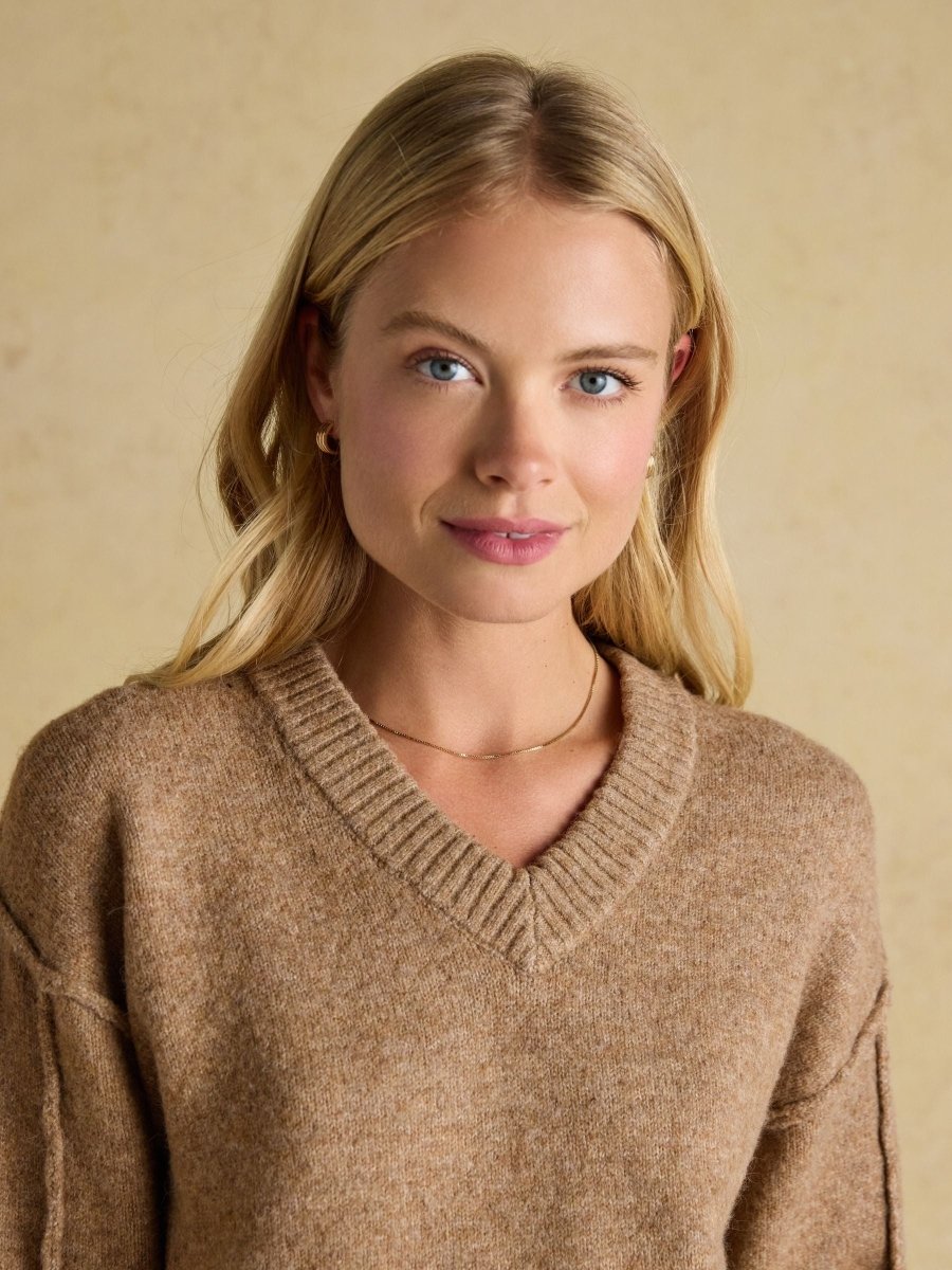 Hannah Tan Brown V - Neck Relaxed Fit Jumper - RUTHERFORD & Co
