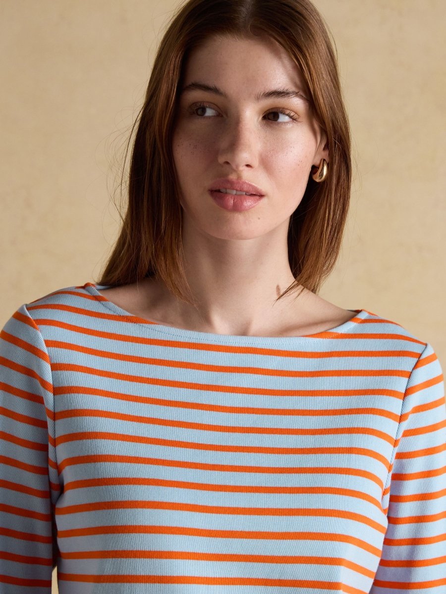 Harbour Blue & Orange Long Sleeve Striped Boat Neck Long Sleeve Breton Top - RUTHERFORD & Co
