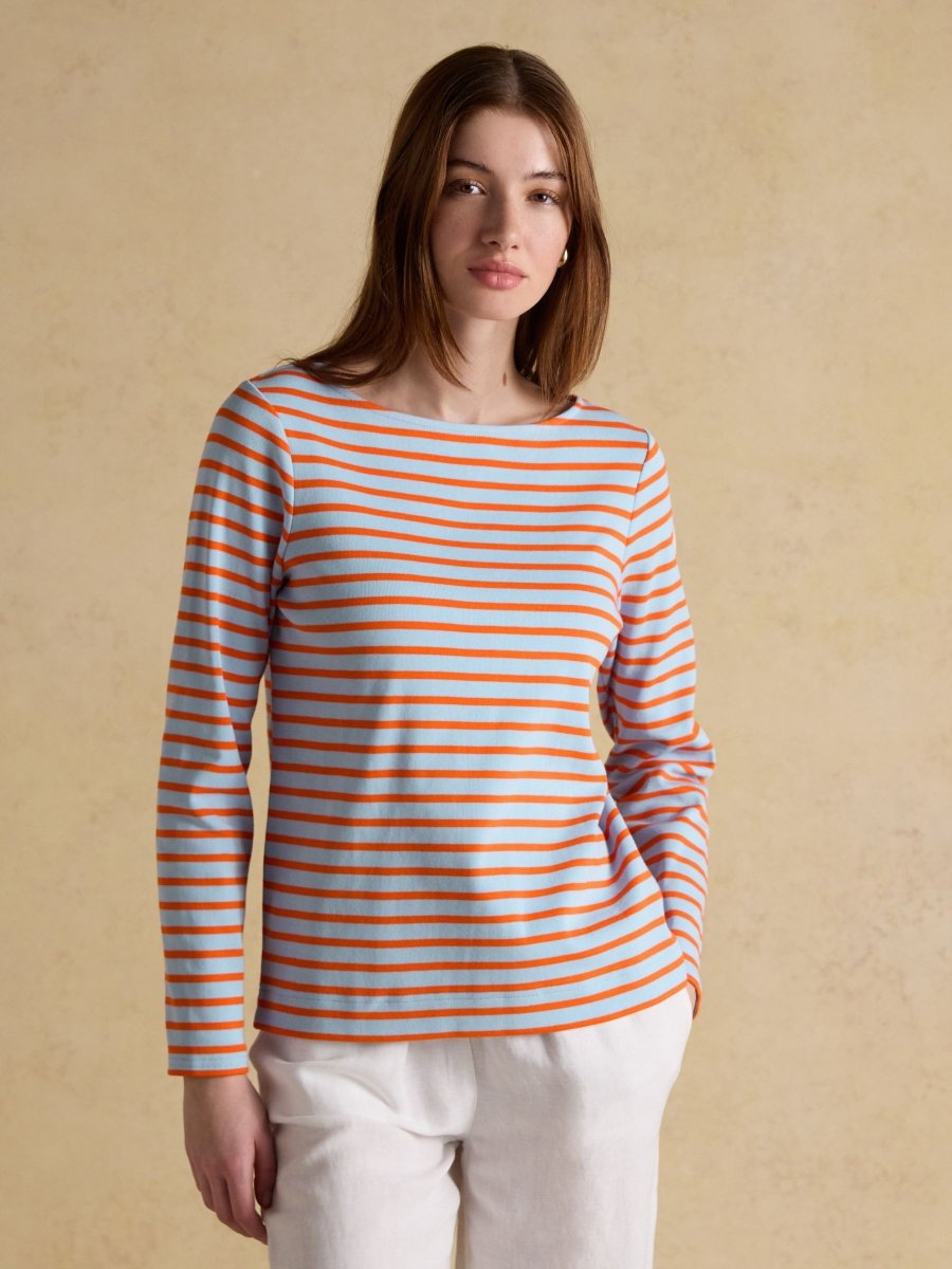Harbour Blue & Orange Long Sleeve Striped Boat Neck Long Sleeve Breton Top - RUTHERFORD & Co