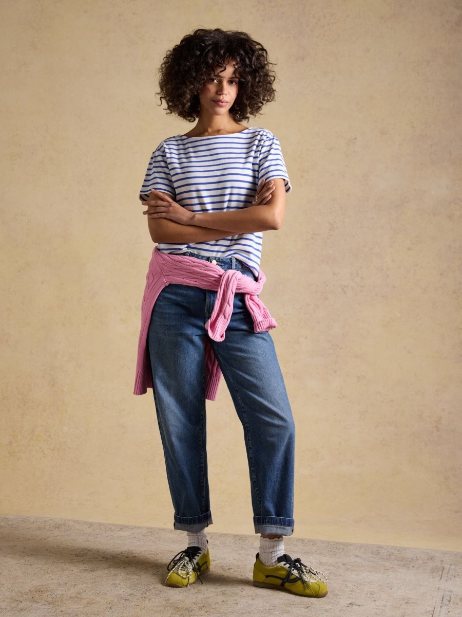 Harbour Cream & Blue Short Sleeve Striped Boat Neck Long Sleeve Breton Top - RUTHERFORD & Co