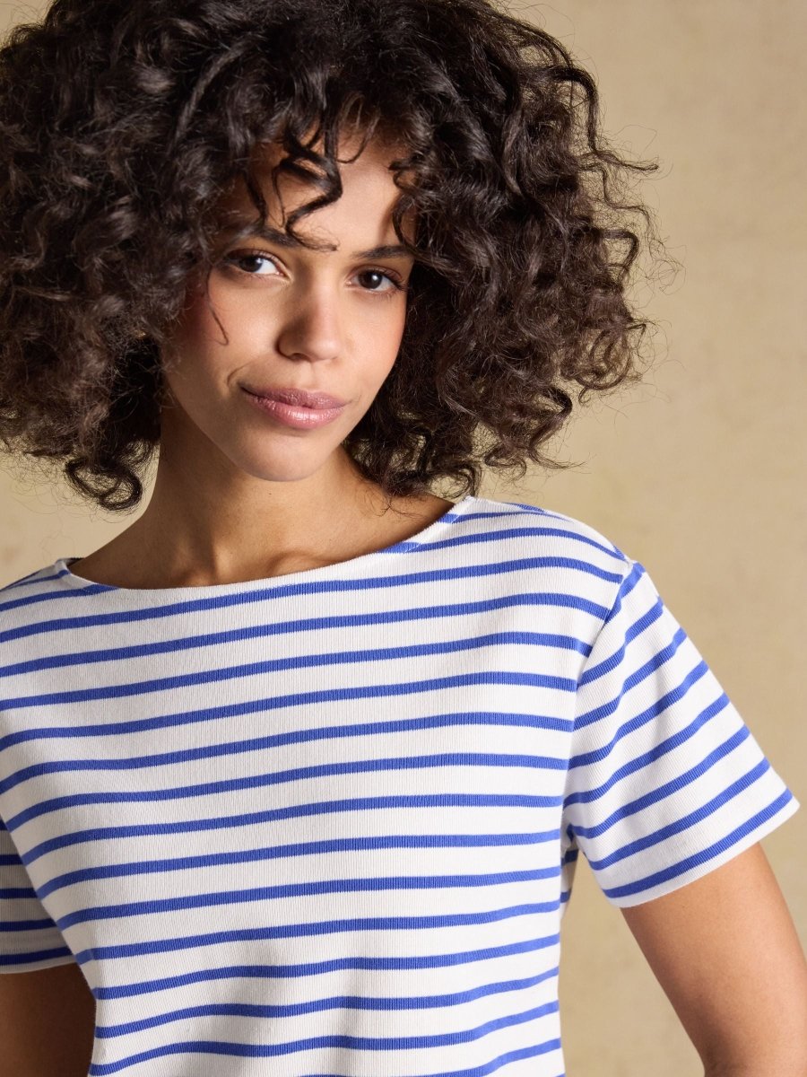 Harbour Cream & Blue Short Sleeve Striped Boat Neck Long Sleeve Breton Top - RUTHERFORD & Co