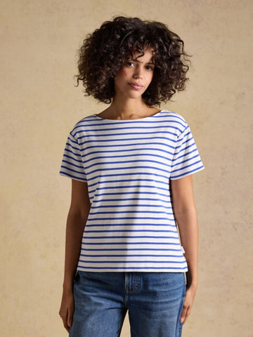 Harbour Cream & Blue Short Sleeve Striped Boat Neck Long Sleeve Breton Top - RUTHERFORD & Co