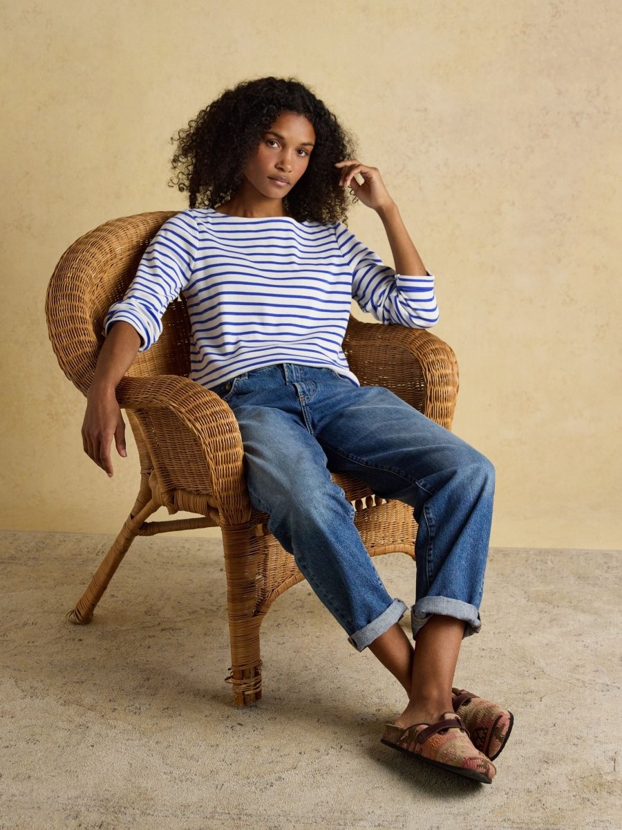 Harbour Cream & Blue Striped Boat Neck Long Sleeve Breton Top - RUTHERFORD & Co