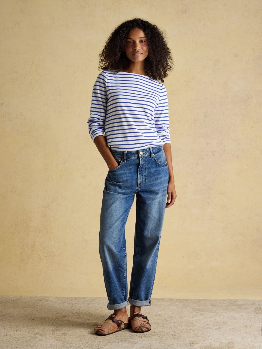 Harbour Cream & Blue Striped Boat Neck Long Sleeve Breton Top - RUTHERFORD & Co