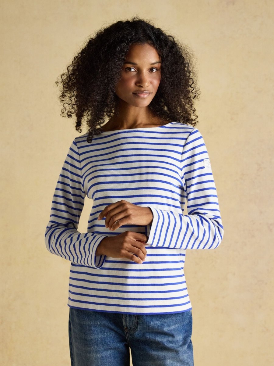 Harbour Cream & Blue Striped Boat Neck Long Sleeve Breton Top - RUTHERFORD & Co