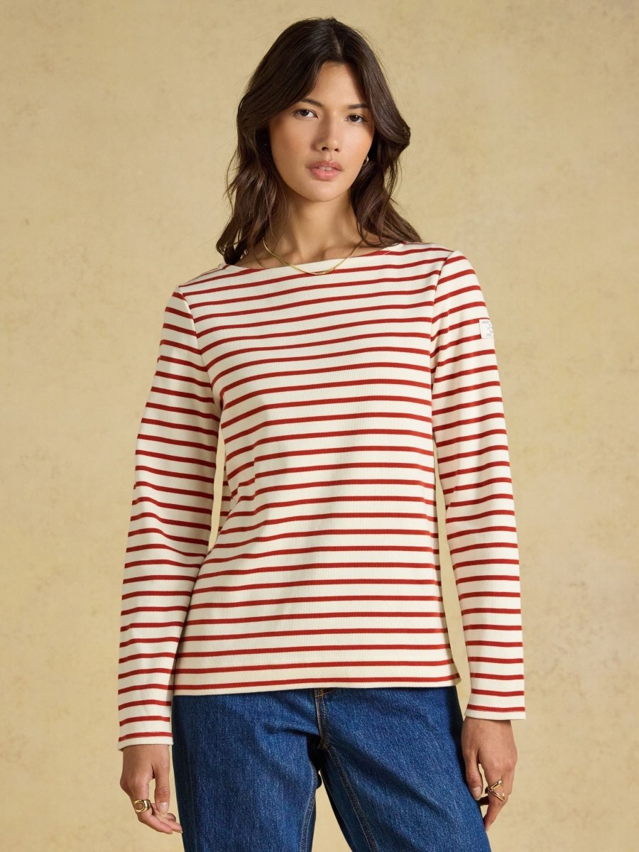 Harbour Cream & Burnt Orange Long Sleeve Striped Boat Neck Breton Top - RUTHERFORD & Co