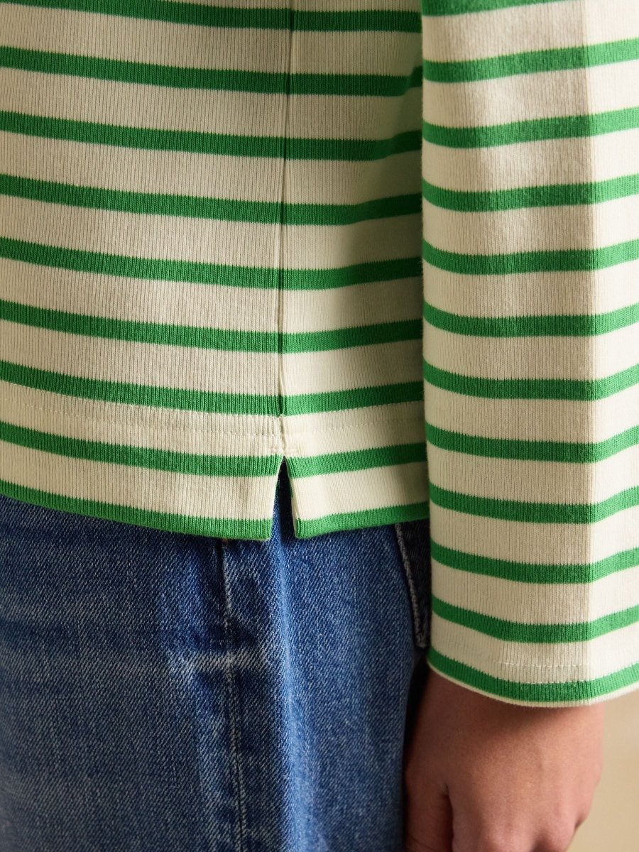 Harbour Cream & Green Striped Boat Neck Long Sleeve Breton Top - RUTHERFORD & Co