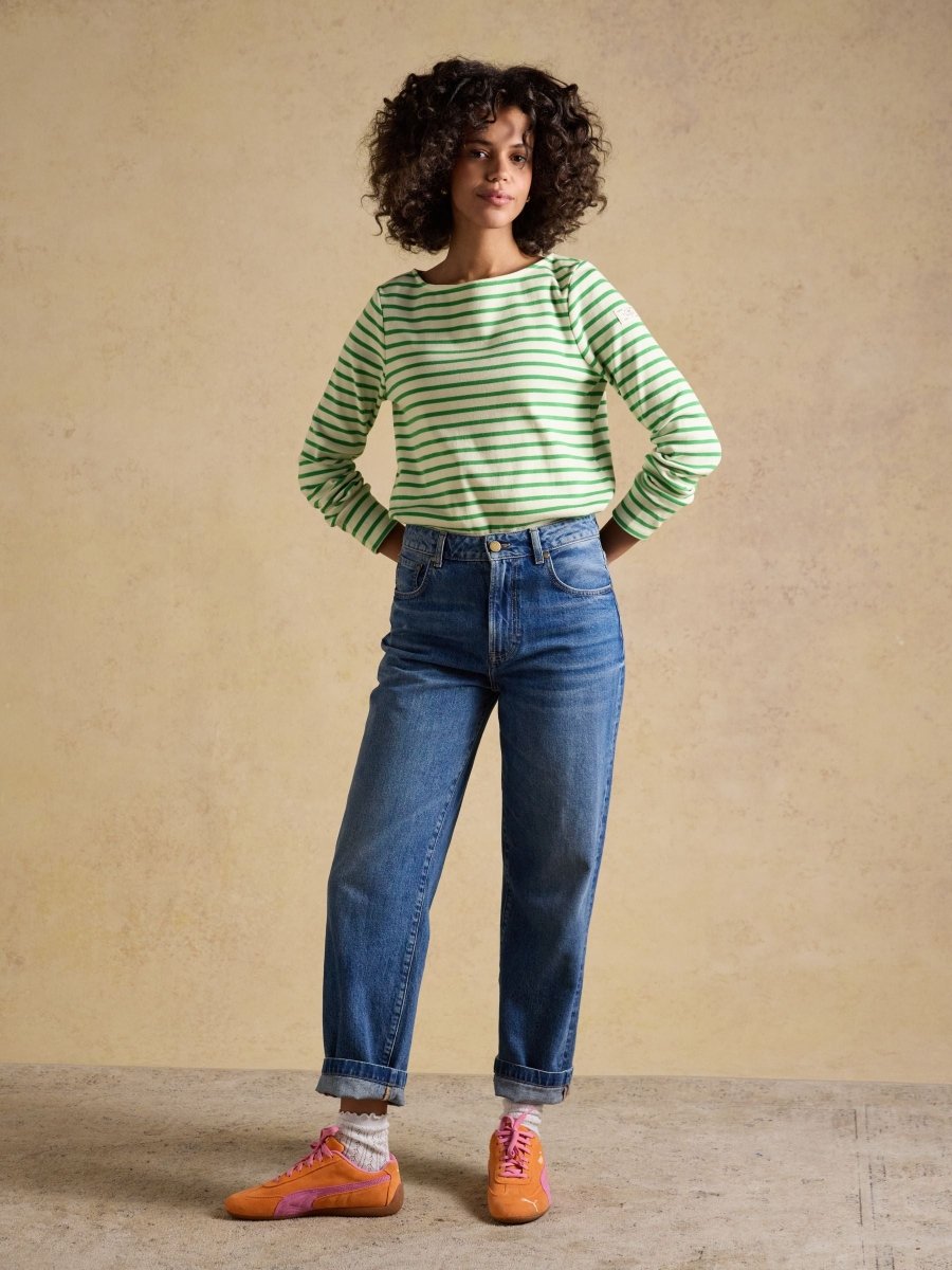 Harbour Cream & Green Striped Boat Neck Long Sleeve Breton Top - RUTHERFORD & Co